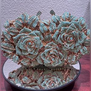 Crystal Flower Aqua Marine Clutch Evening‎ Bag
